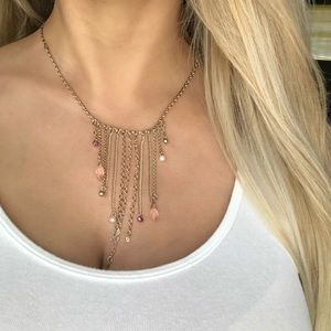 Express gold fringe pink gems necklace